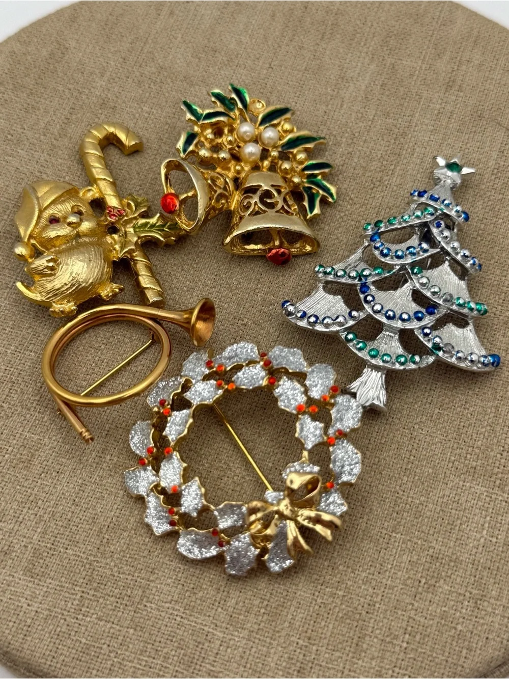 Vintage Christmas Brooch Lot - Gold, Silver, Green, Red Accents